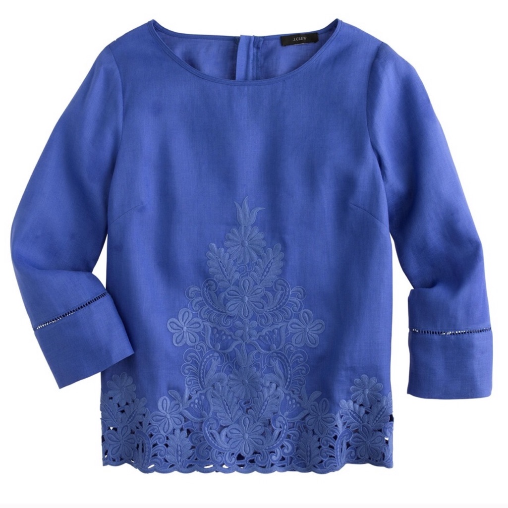 J. Crew Embroidered Linen 3/4 Sleeve Top